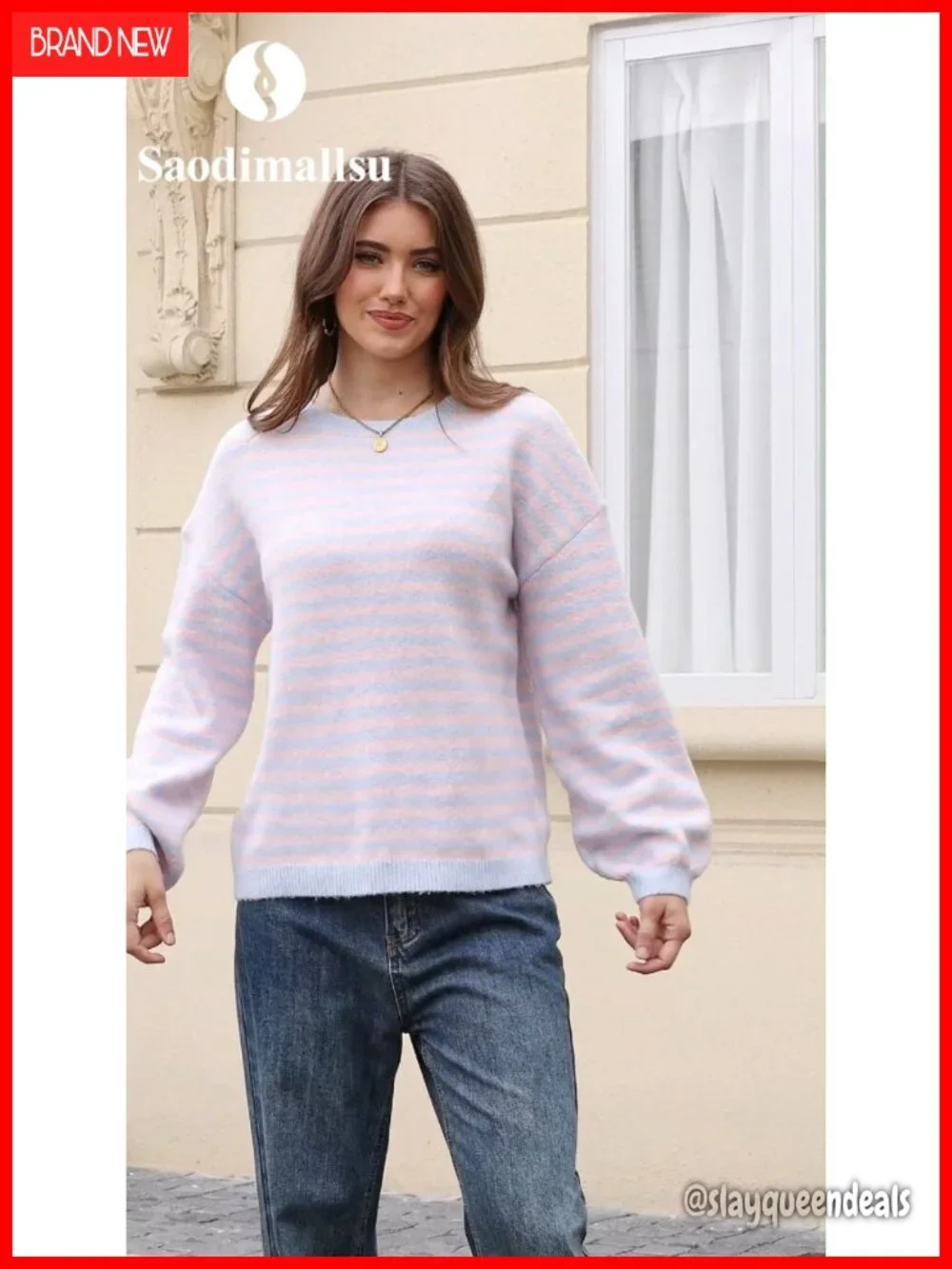 Oversized Striped Knit Crew Neck Long Sleeve Pullover Sweater